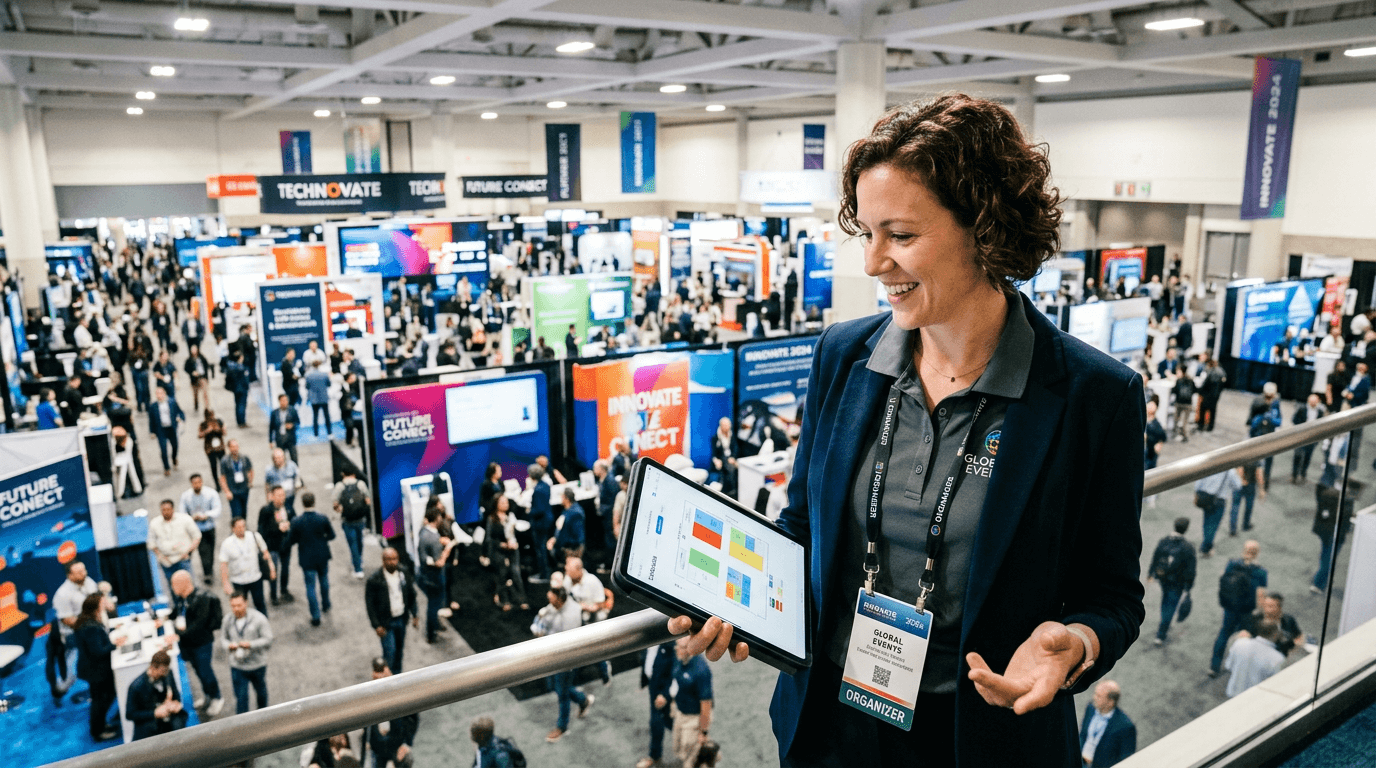 Event coordinator reviewing live attendee and vendor activity on a tablet at a trade show
